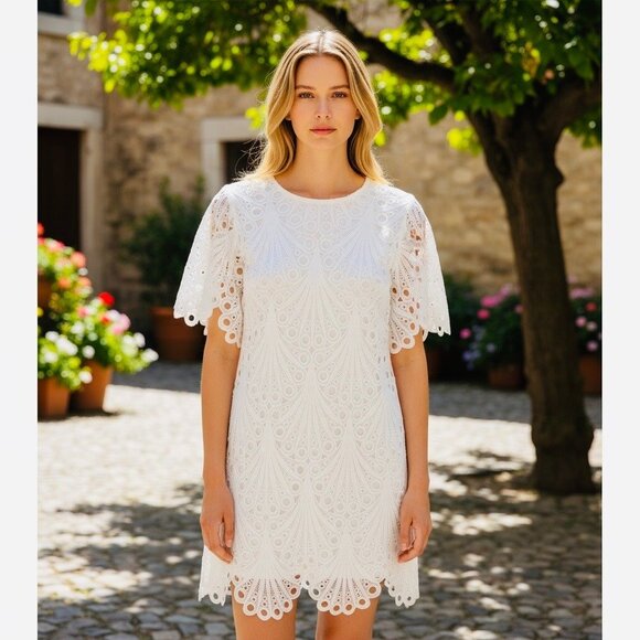 52seven Women's Pullover Full Lined Short Sleeve White Lace Shift Dress Sz 8 NWT - Picture 1 of 13